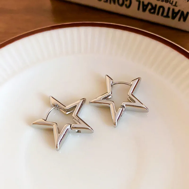 Elegant French Style Pentagram Hollow Out Alloy PVD Coated Golden Plated Women's Gold Silver Earrings