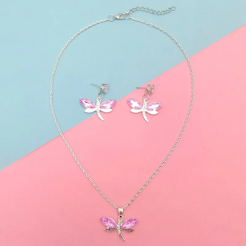Elegant Lady Dragonfly Alloy Plating Glass Women's Cable Chain Earrings Necklace Jewelry Set
