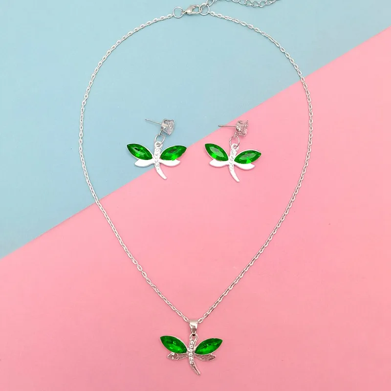 Elegant Lady Dragonfly Alloy Plating Glass Women's Cable Chain Earrings Necklace Jewelry Set