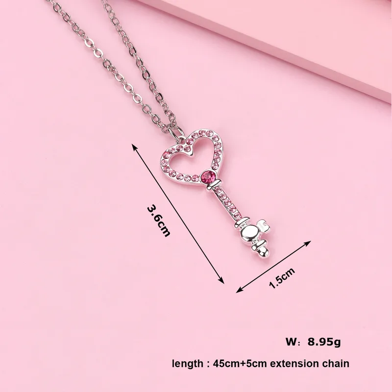 Cute Romantic Sweet Heart Shape Key Rhinestones Alloy Iron Copper Cable Chain Pendant Necklaces