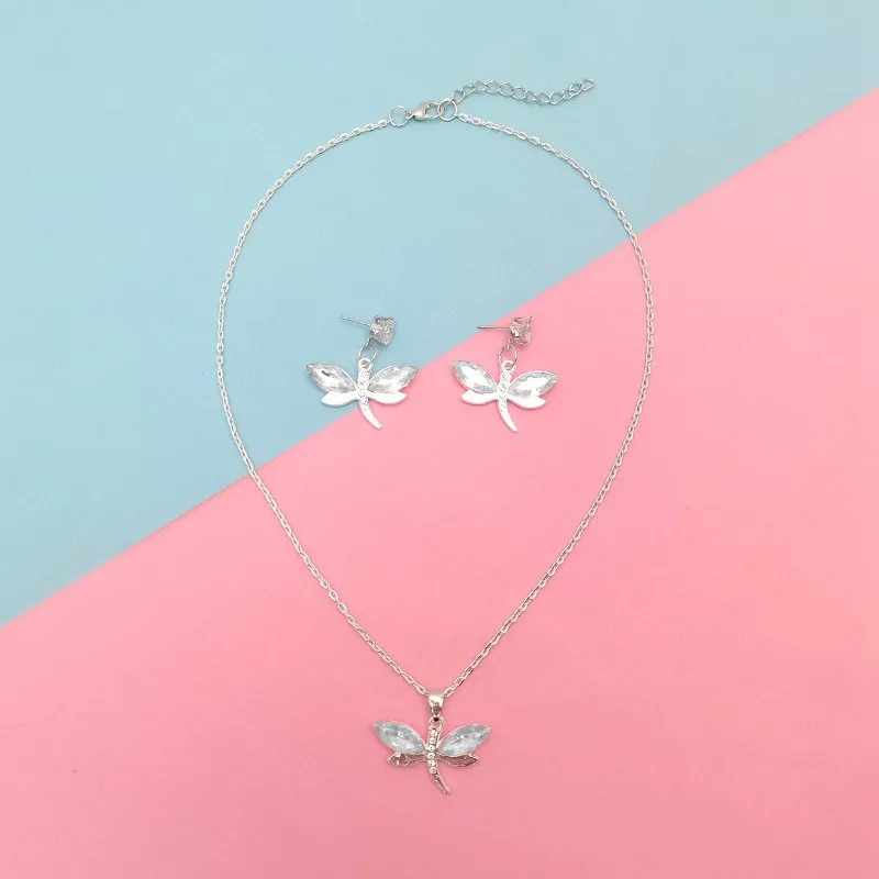 Elegant Lady Dragonfly Alloy Plating Glass Women's Cable Chain Earrings Necklace Jewelry Set