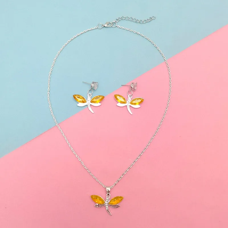 Elegant Lady Dragonfly Alloy Plating Glass Women's Cable Chain Earrings Necklace Jewelry Set