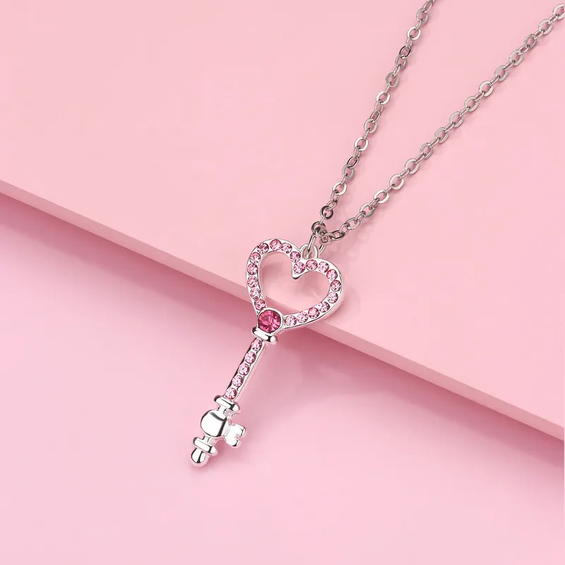 Cute Romantic Sweet Heart Shape Key Rhinestones Alloy Iron Copper Cable Chain Pendant Necklaces