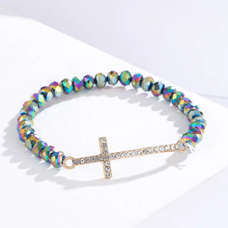 Fashion Simple Diamond Cross Colorful Crystal Beaded Bracelet Creative All-match Handmade Jewelry